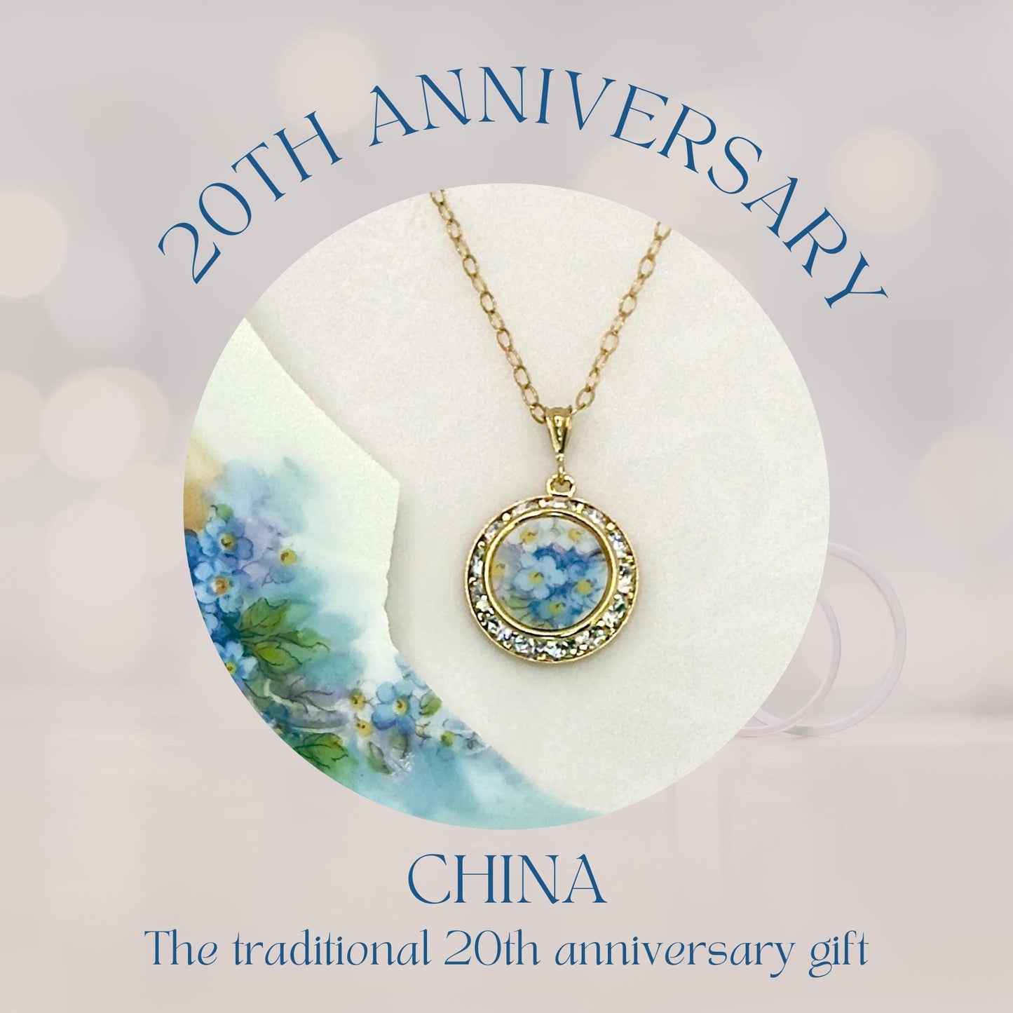 Romantic Forget Me Not Necklace, 20th Anniversary Gift for Wife, Hand Painted Broken China Jewelry