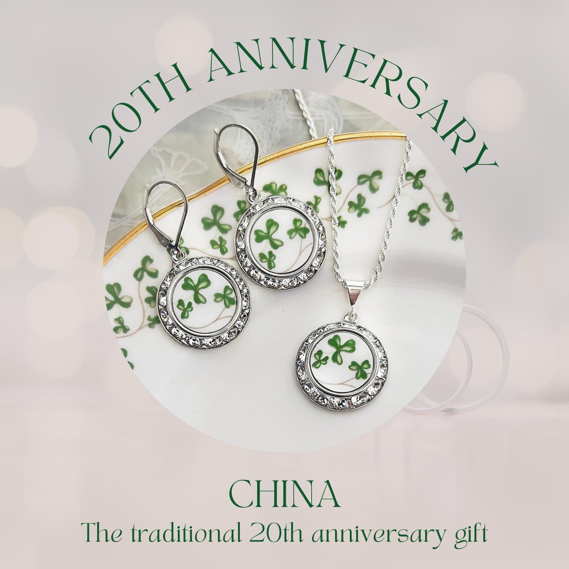 Royal Tara China Necklace, Celtic Broken China Jewelry Crystal Set, Unique Irish 20th Anniversary Gift for Wife, Gifts for Women