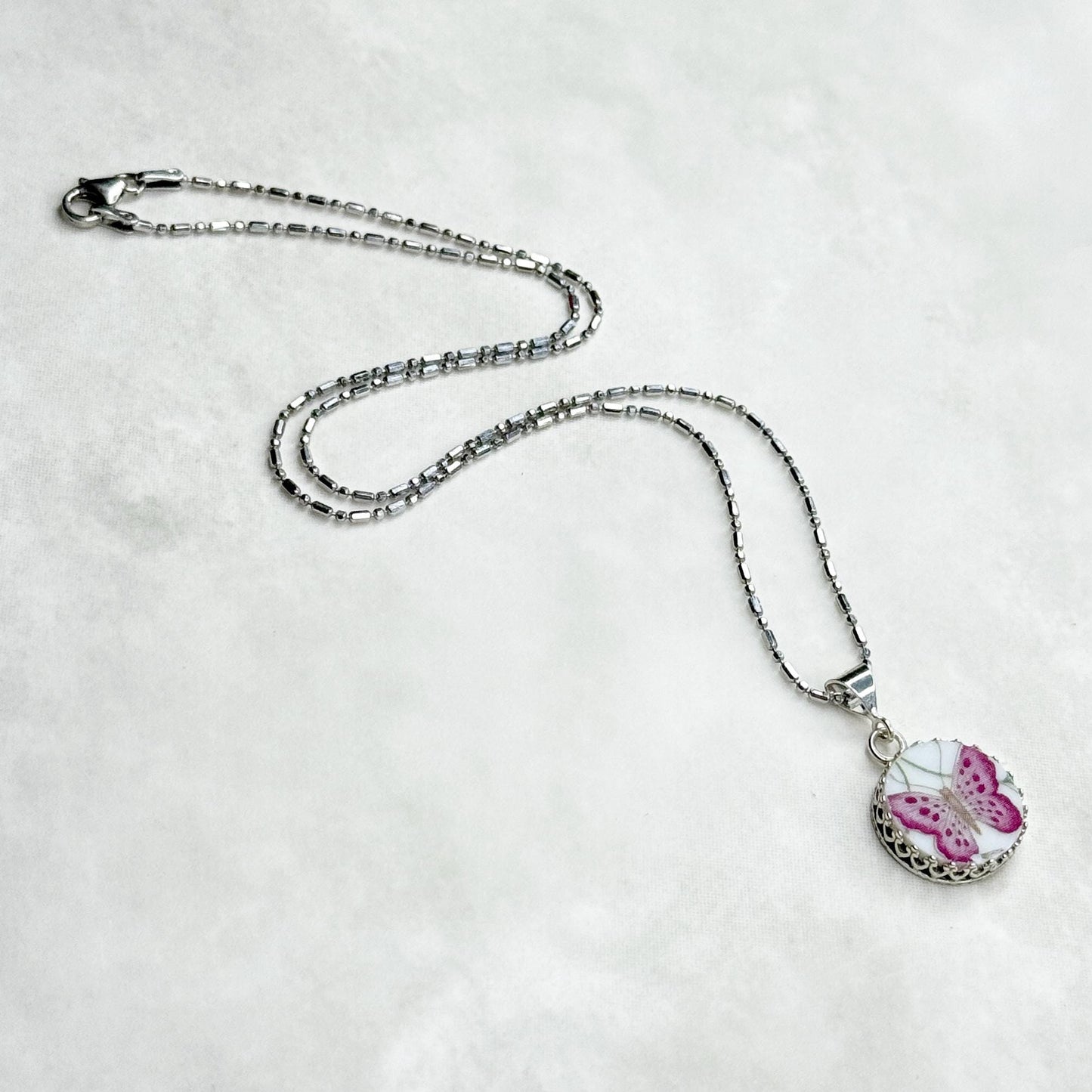Dainty Sterling Silver Butterfly Necklace, 18th Anniversary Gifts for Wife, Porcelain Jewelry
