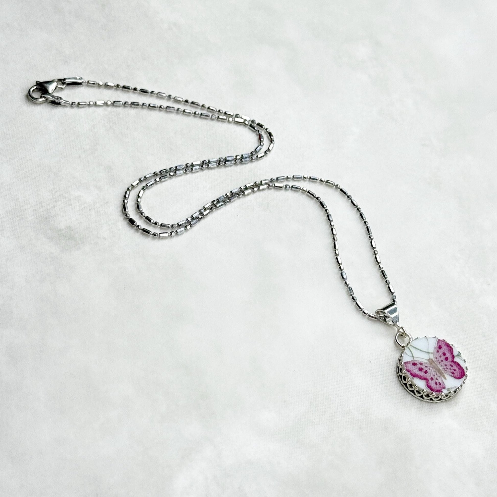 Dainty Sterling Silver Butterfly Necklace, 18th Anniversary Gifts for Wife, Porcelain Jewelry