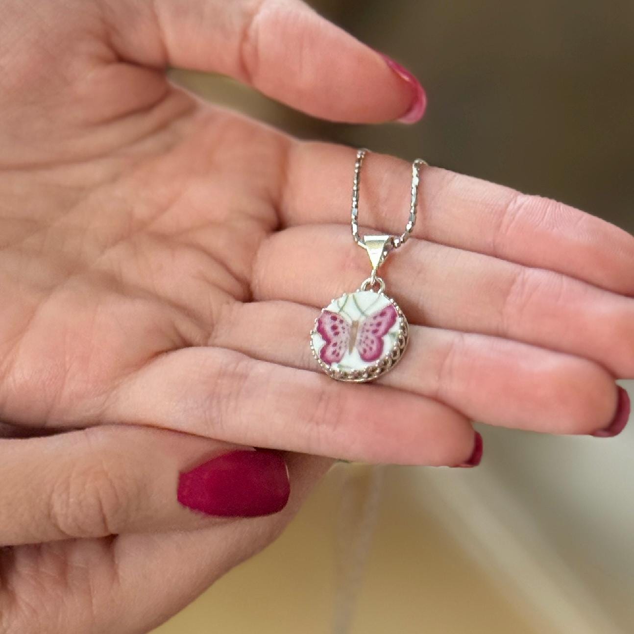 Dainty Sterling Silver Butterfly Necklace, 18th Anniversary Gifts for Wife, Porcelain Jewelry