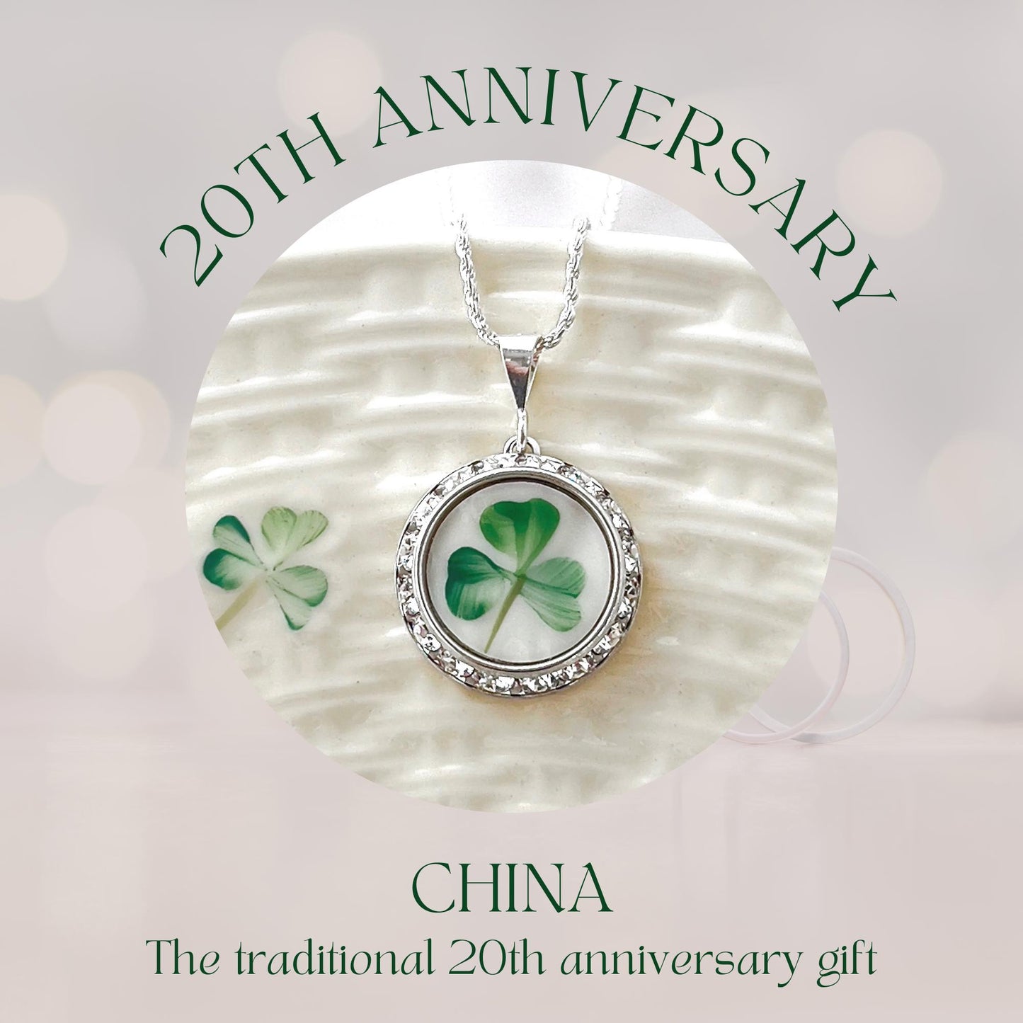 Celtic Shamrock Necklace, Belleek Broken China, Irish Jewelry, Crystal Necklace, Unique Gifts for Women