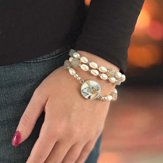 Christmas Angel Wrap Bracelet, Broken China Jewelry, Gemstone Holiday Jewelry