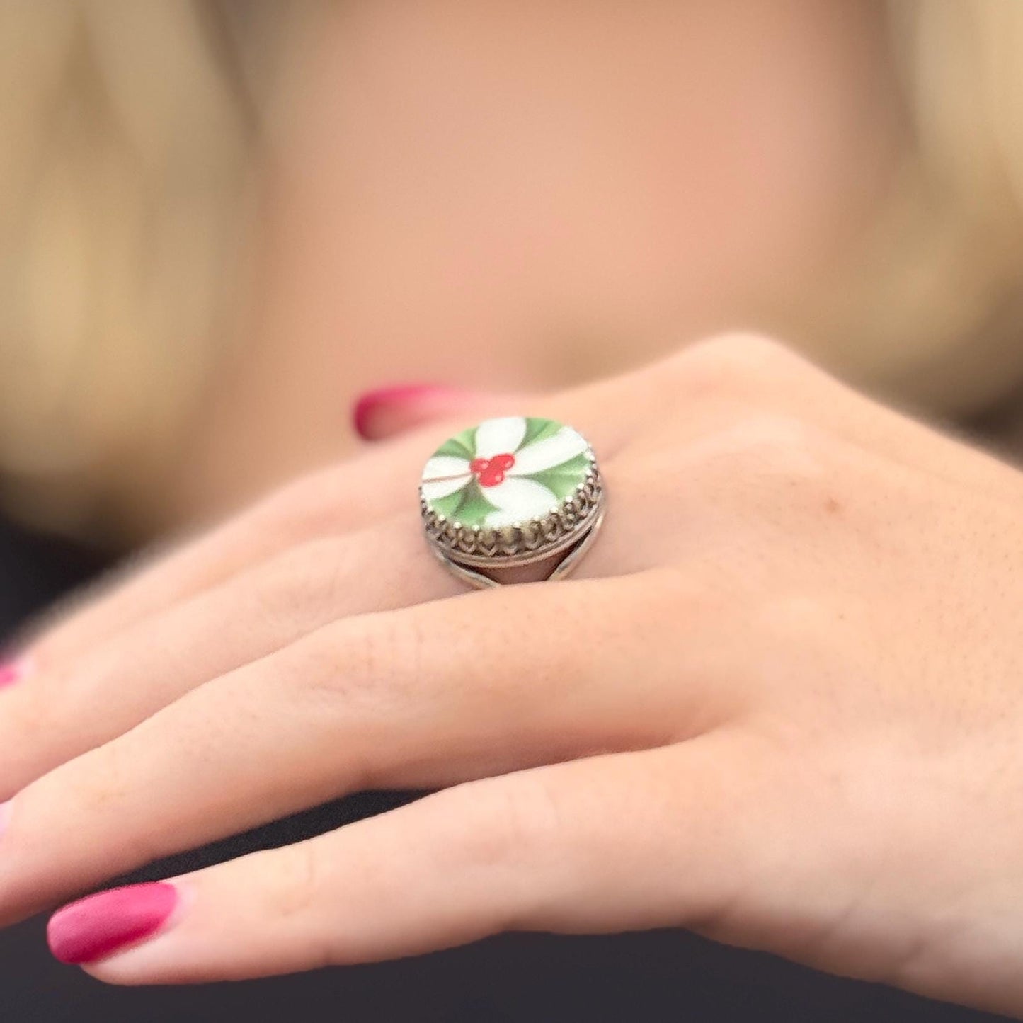 Lenox Holiday China, Sterling Silver Square Holly Christmas Ring, Adjustable