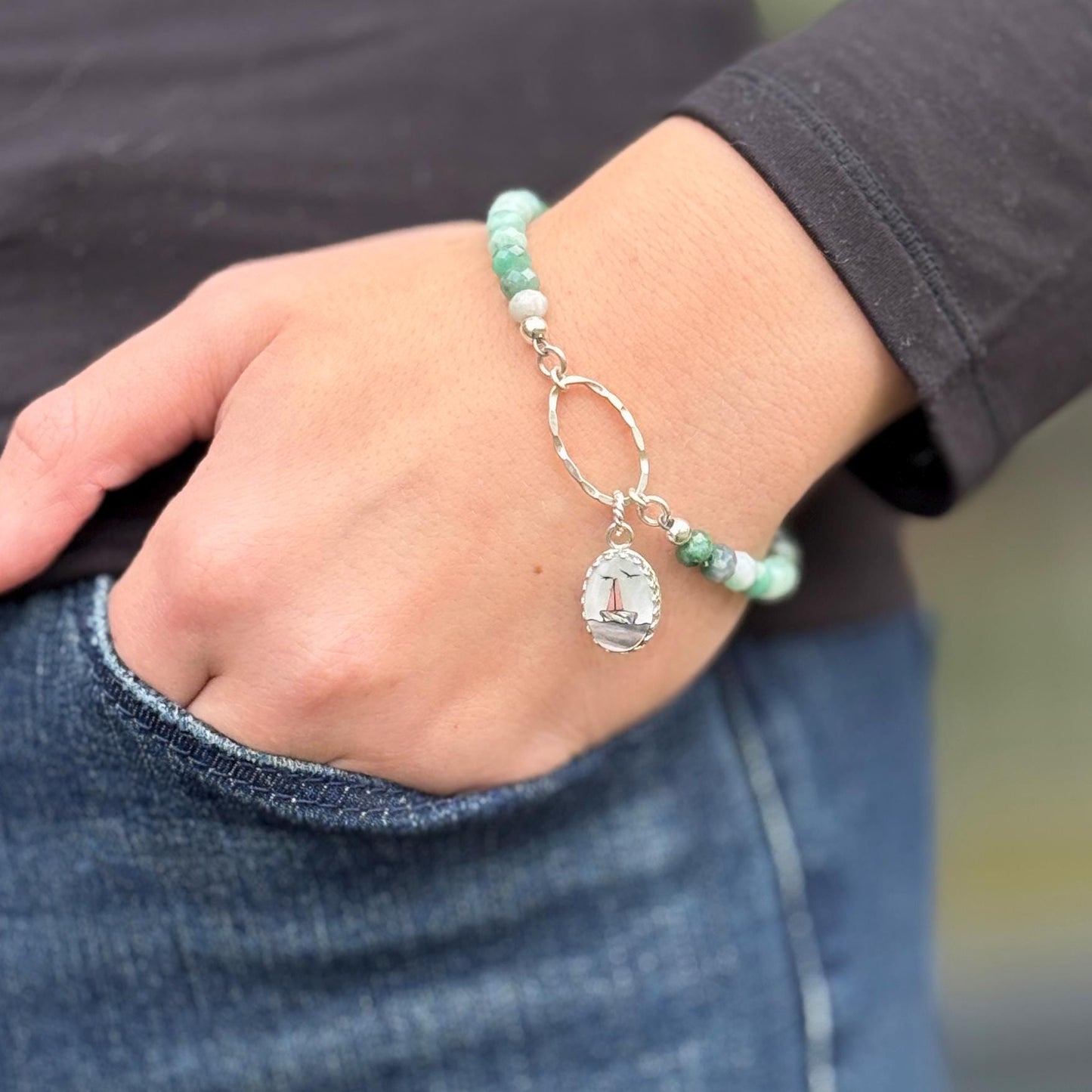 Dainty Emerald Sailboat Bracelet, Hammered Sterling Silver, Vintage Mother of Pearl Nautical Boat Charm