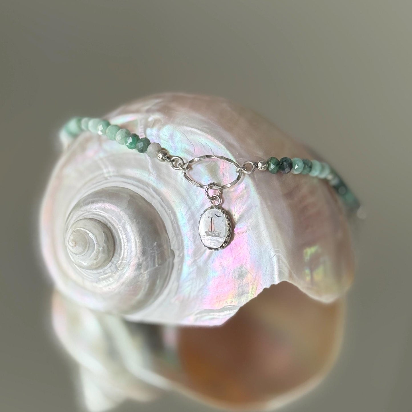 Dainty Emerald Sailboat Bracelet, Hammered Sterling Silver, Vintage Mother of Pearl Nautical Boat Charm