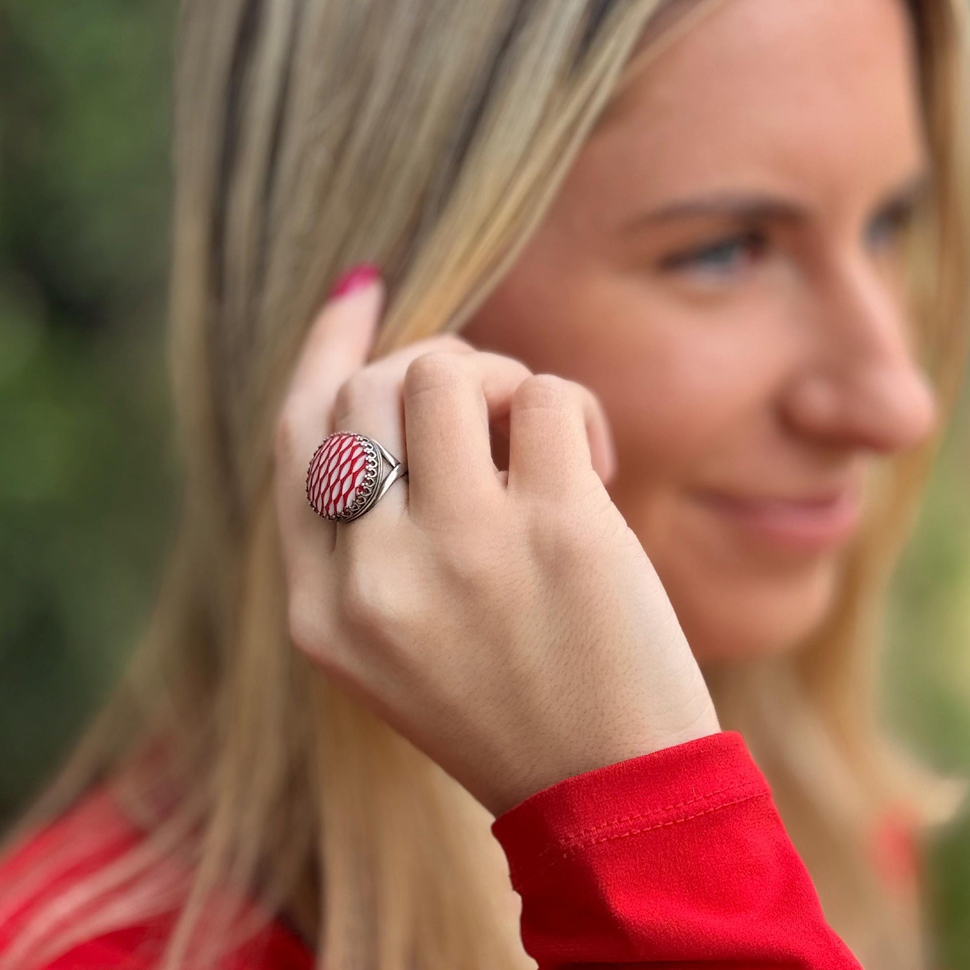 Vintage Red Glass Button Ring, Adjustable Silver Ring for Women, Unique Repurposed Christmas Jewelry, Mid-Century Jewelry