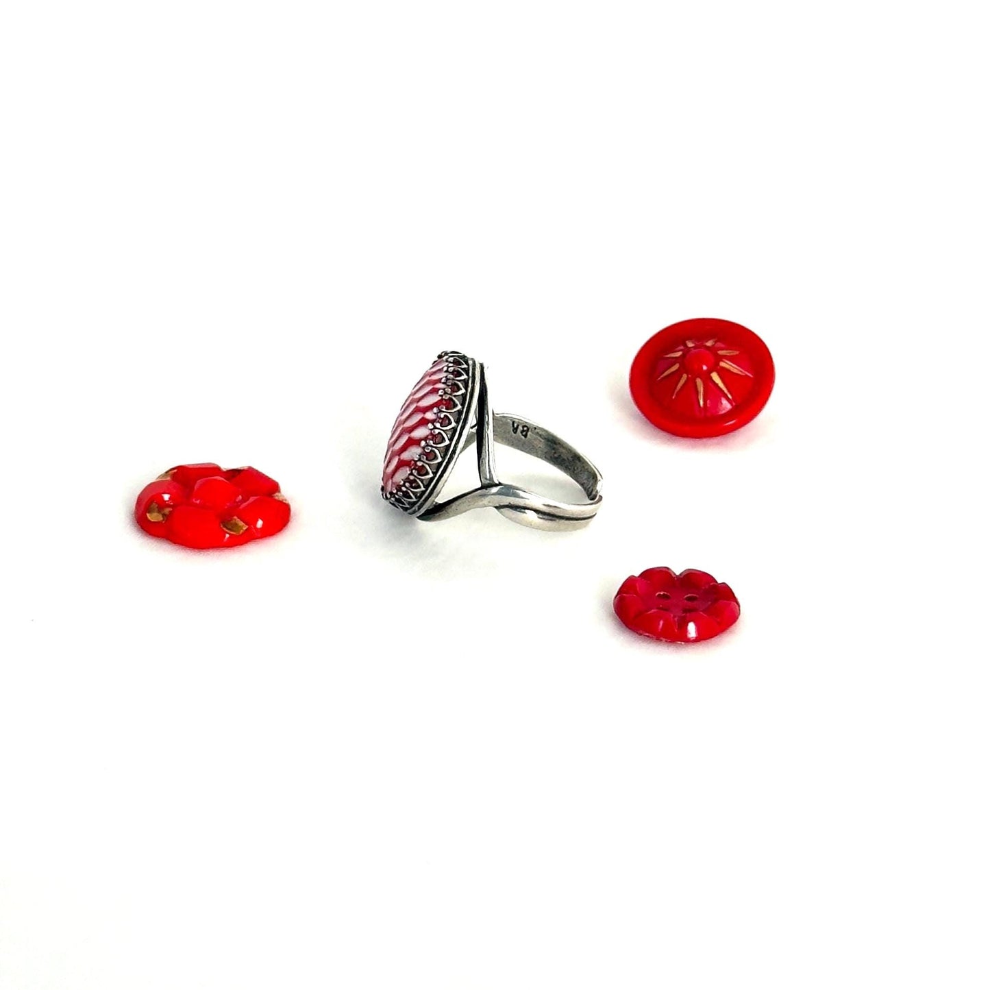 Vintage Red Glass Button Ring, Adjustable Silver Ring for Women, Unique Repurposed Christmas Jewelry, Mid-Century Jewelry