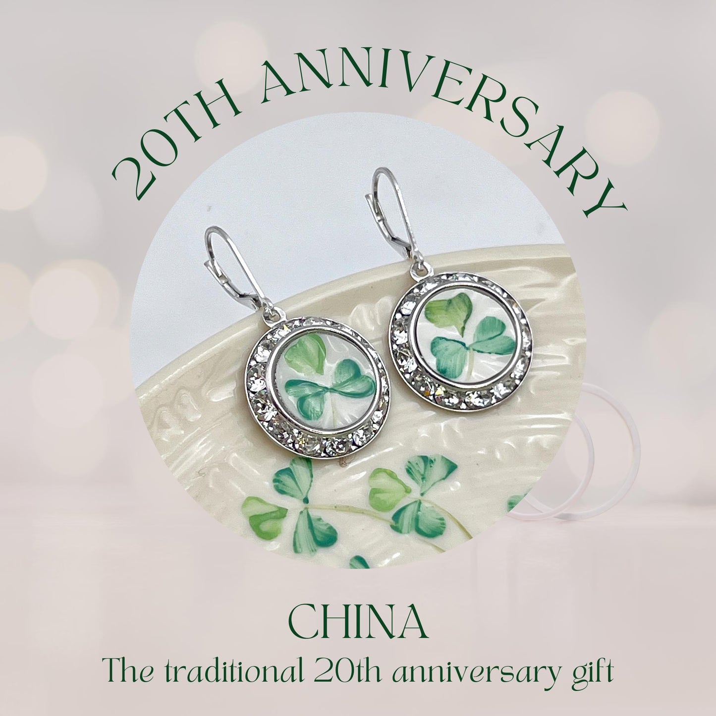 Belleek Irish China Crystal Earrings, Celtic Jewelry, Crystal Dangle Earrings, Belleek Broken China Jewelry, 20th Anniversary Gift for Wife