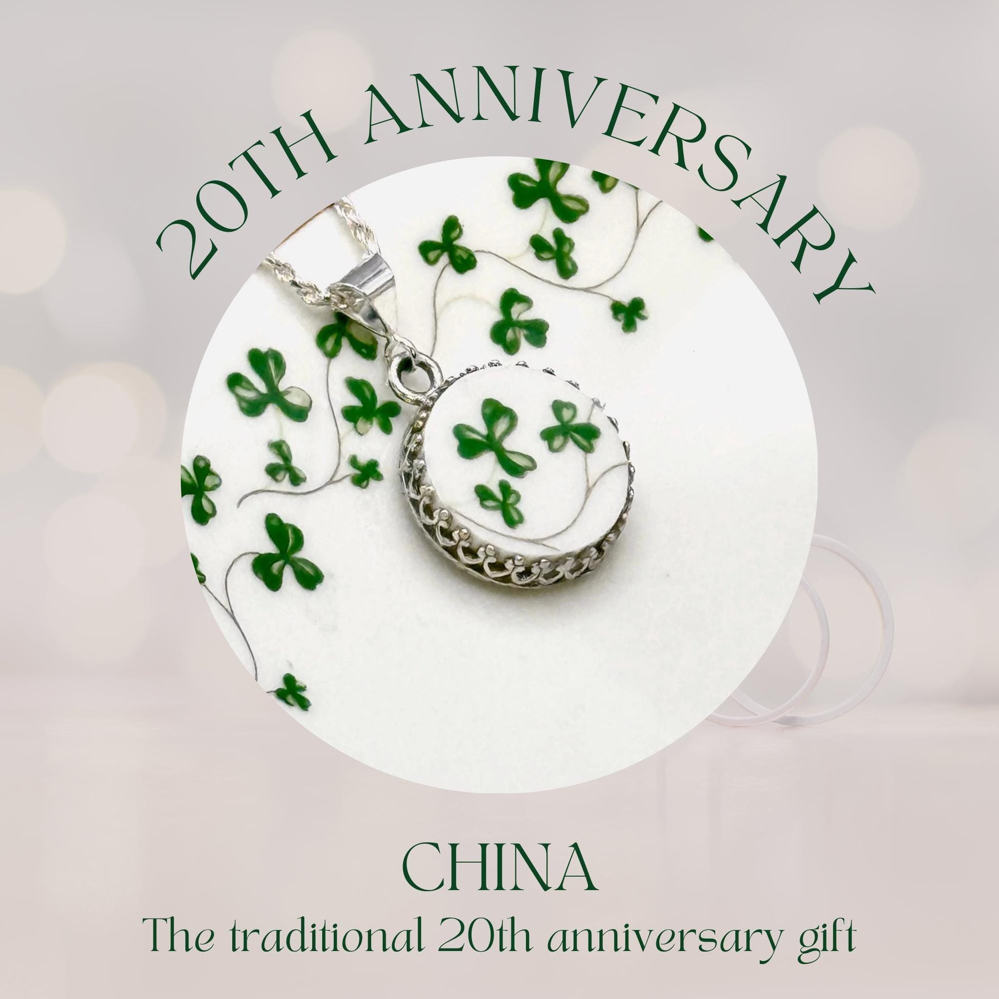 Royal Tara Irish China Necklace, Shamrock Jewelry, Sterling Silver Celtic Necklace, Broken China Jewelry, 20th Anniversary Gift for Wife