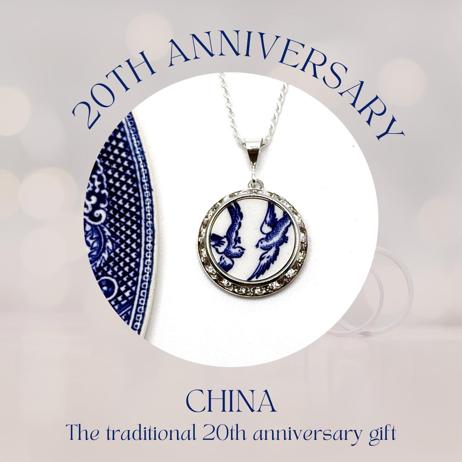 20th Anniversary Gift Necklace - Romantic Love Birds Broken China Jewelry for Wife