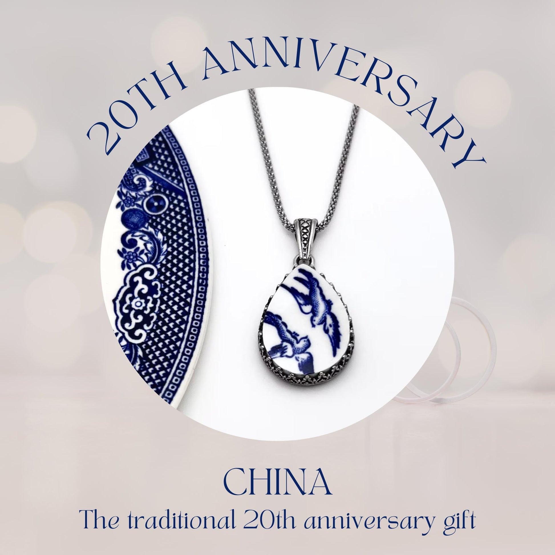Love Birds Necklace - Traditional 20th Anniversary Gift for Wife, Blue Willow Broken China Jewelry