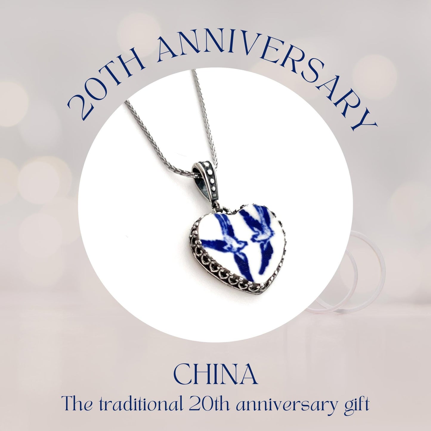 Blue Willow Love Birds Heart Necklace, Broken China Jewelry, 20th Anniversary Gift for Wife, Sterling Silver, Unique Romantic Gifts