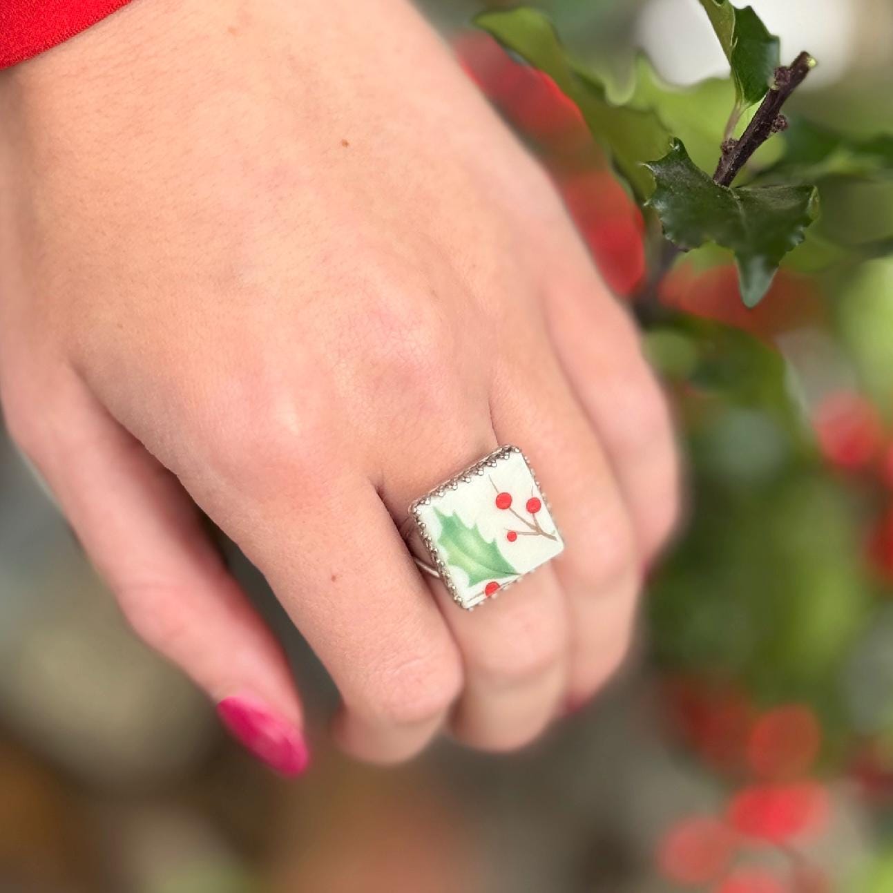 Lenox Holiday China, Sterling Silver Square Holly Christmas Ring, Adjustable