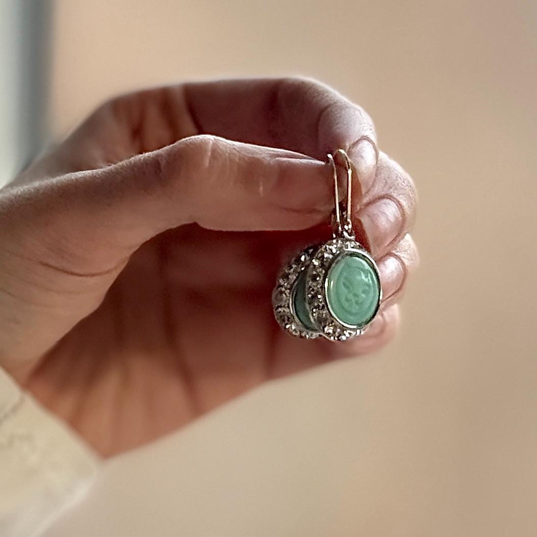 Vintage Aqua Blue Cat Glass Button Earrings, Crystal Jewelry, Unique Handmade Jewelry