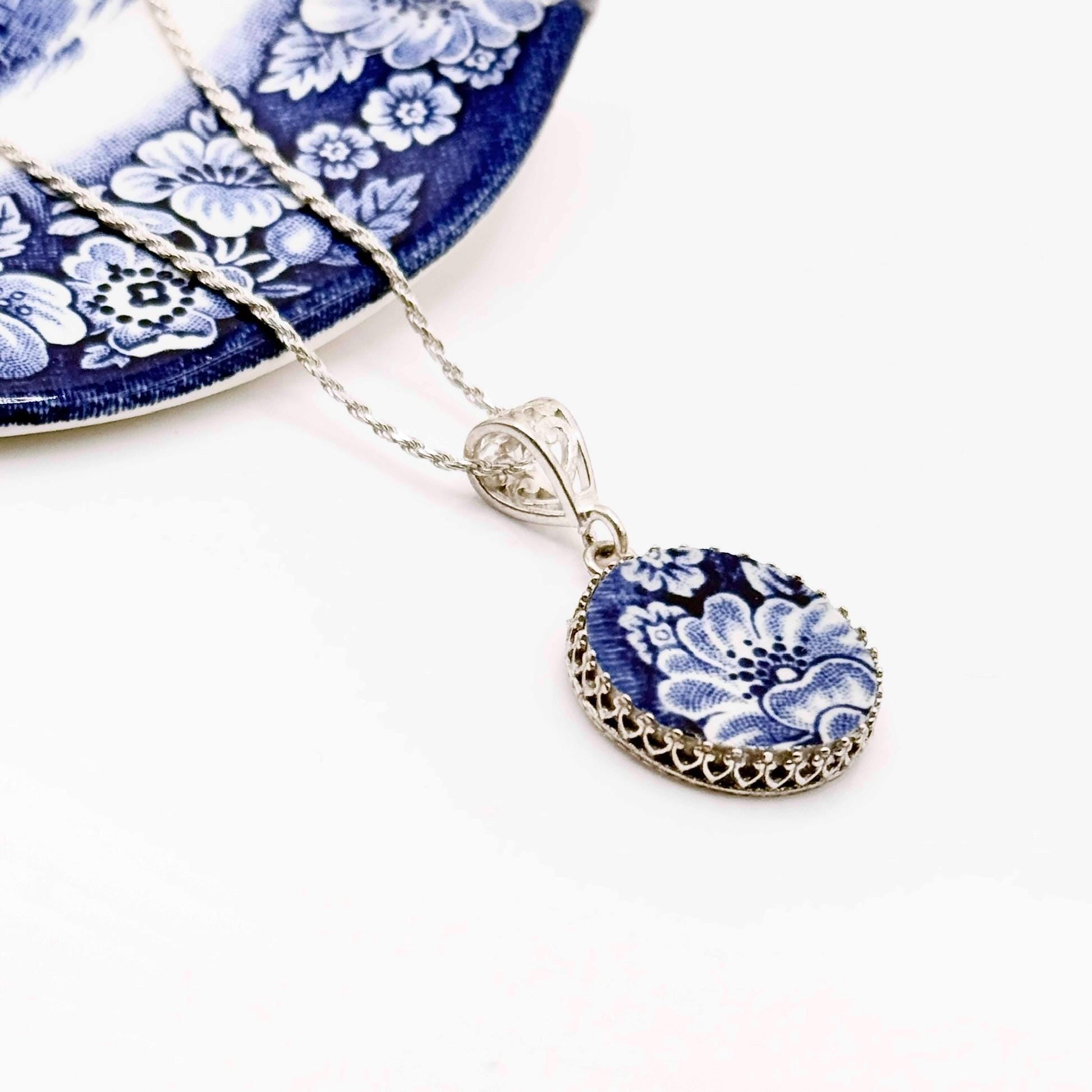 Sterling Silver Liberty Blue China Pendant Necklace, Vintage Repurposed Broken China Jewelry, 20th Anniversary Gift