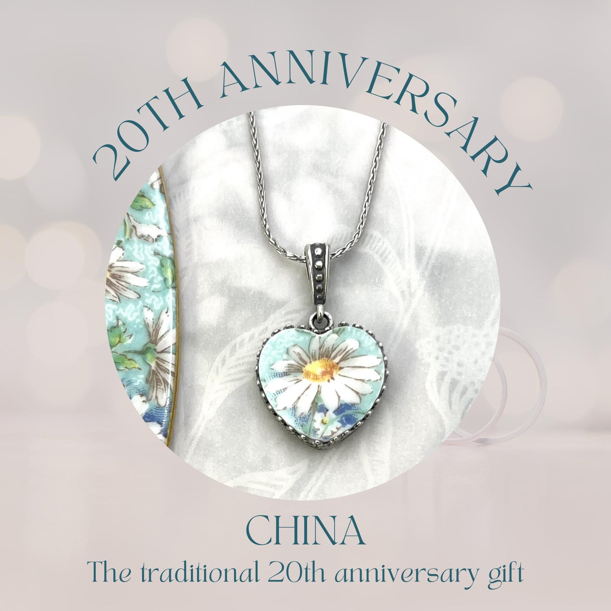 Sterling Silver Daisy Necklace, 20th Anniversary China Gift for Wife, Romantic Broken China Jewelry