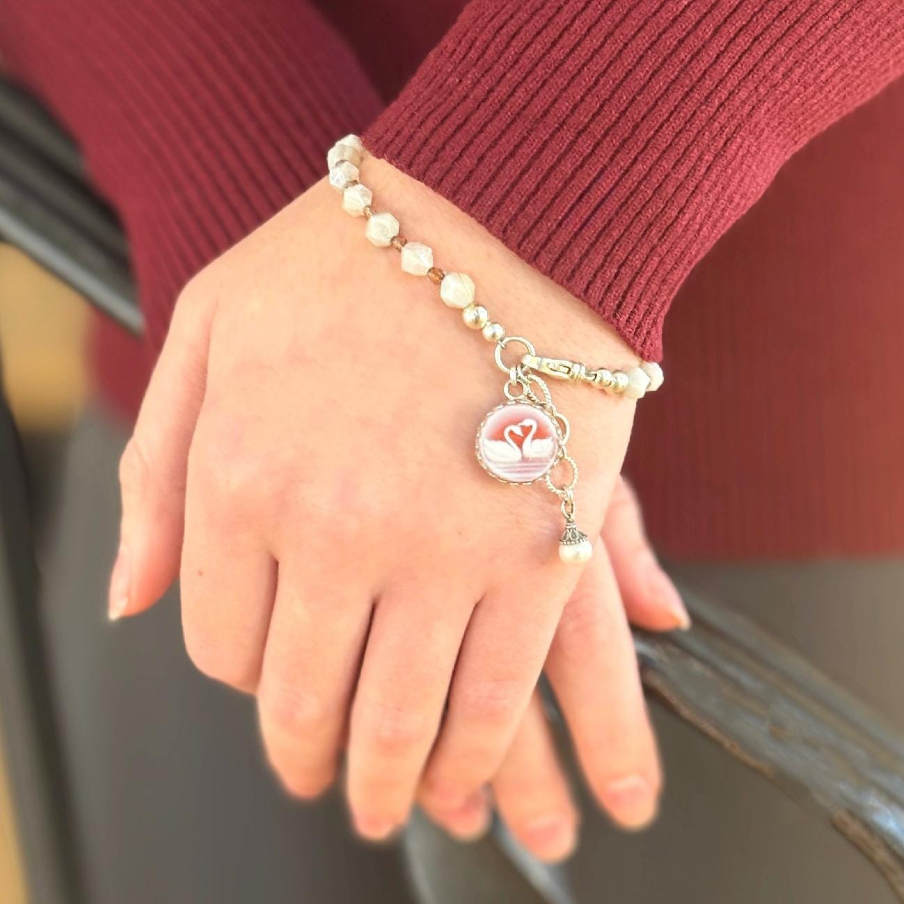 Romantic Jewelry Anniversary Gifts for Her, Gemstone Cameo Bracelet, Valentines Day Gift of Love for Women