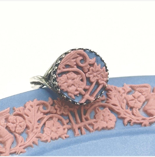 Wedgwood Flower Ring, Blue and Pink Jasperware Broken China Jewelry