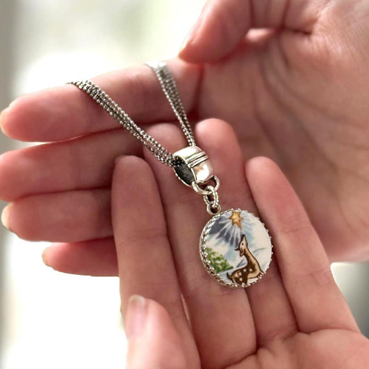 Deer and Star Christmas Necklace, Broken China Jewelry, Unique Keepsake Gifts for Women