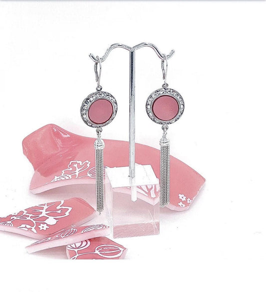 Vintage Pyrex Pink Gooseberry Earrings, Silver Tassel Jewelry, Long Dangle Crystal Earrings