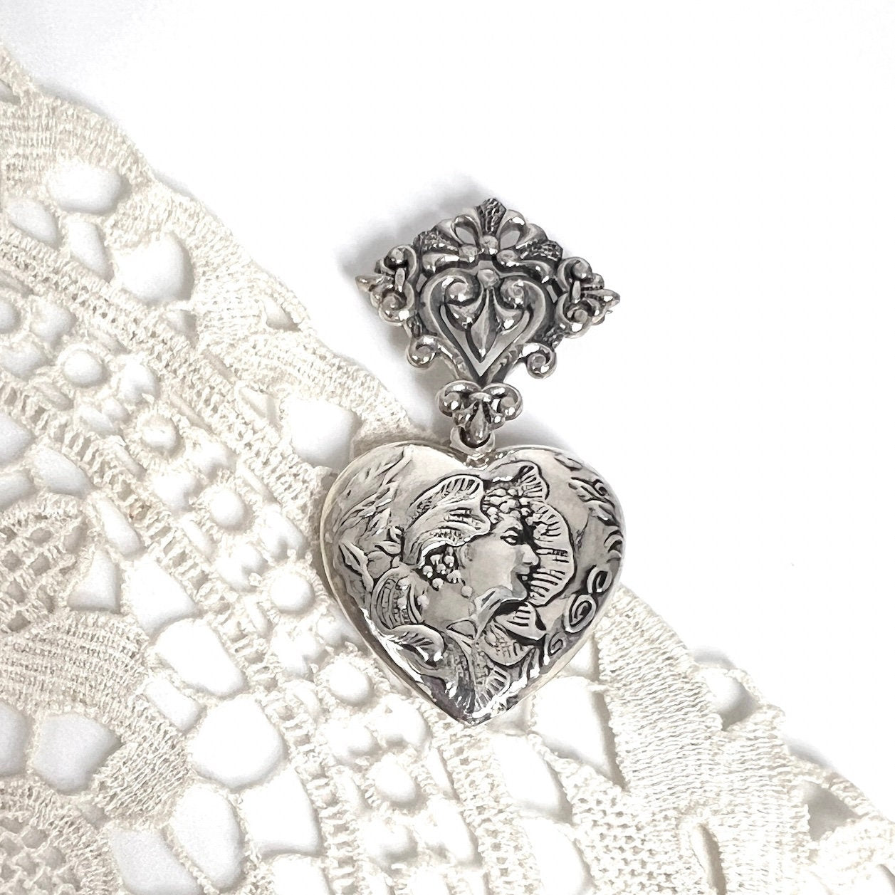 Sterling Silver Victorian Style Cameo Brooch, Valentines Day Heart Pin, Romantic Gifts for Her