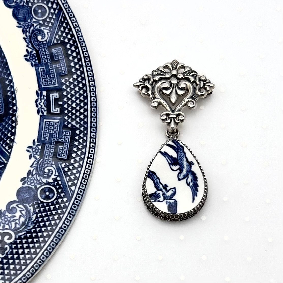20th Wedding Anniversary Gift for Wife, Adjustable Sterling Silver Necklace/Brooch, Blue Willow China Love Birds