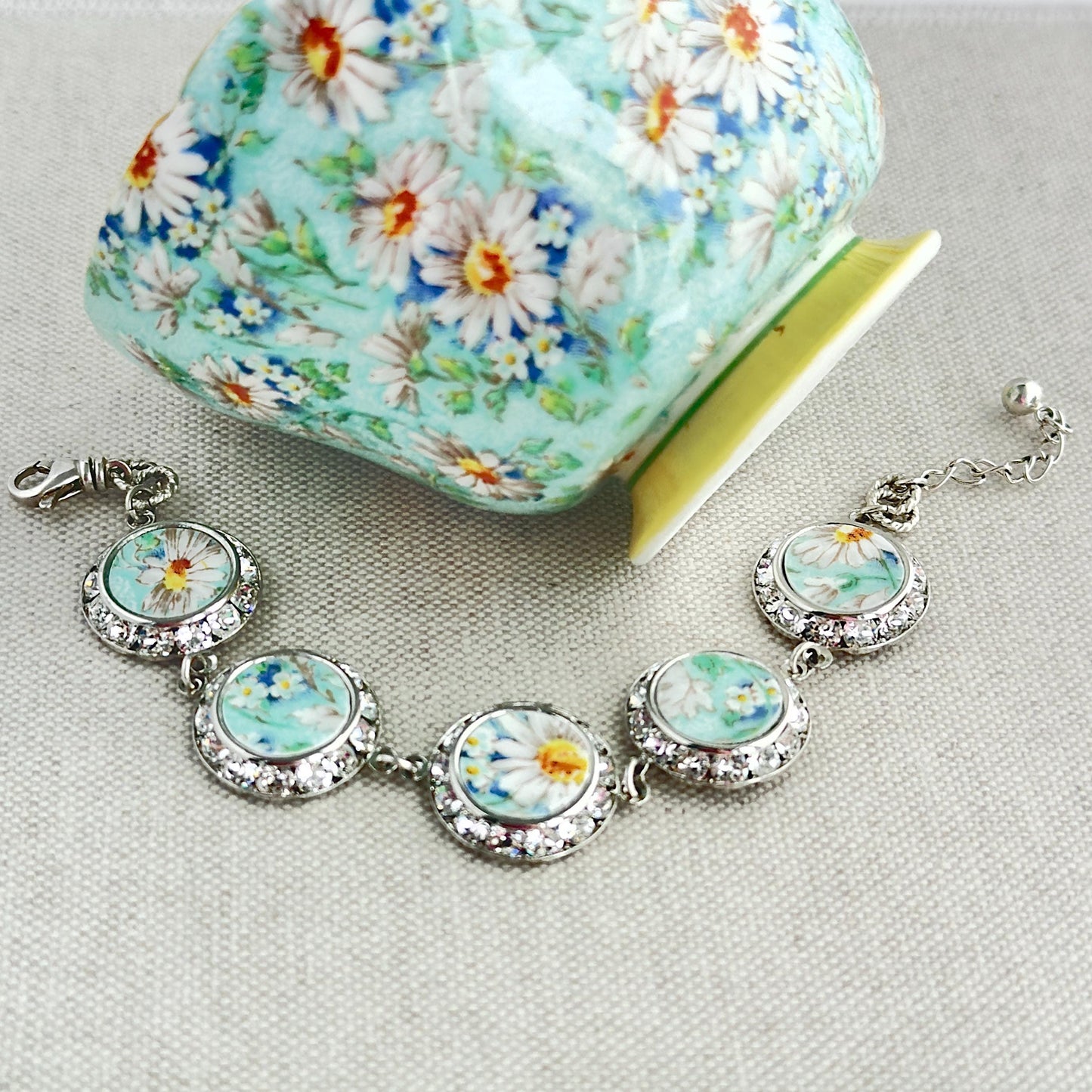 Daisy Charm Bracelet, 20th Anniversary Gift for Wife, Crystal Broken China Jewelry