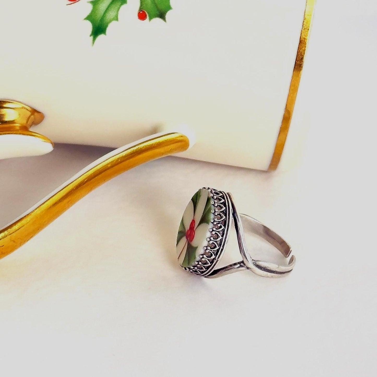 Lenox Holiday Broken China Jewelry Ring, Sterling Silver Christmas Ring, Stocking Stuffers for Her, Christmas Gifts