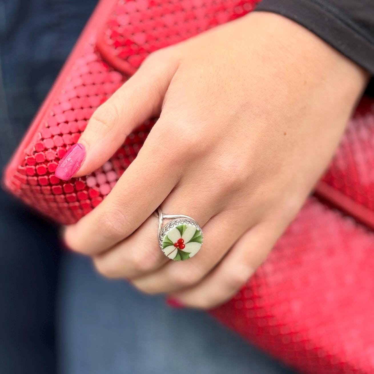 Lenox Holiday Broken China Jewelry Ring, Sterling Silver Christmas Ring, Stocking Stuffers for Her, Christmas Gifts