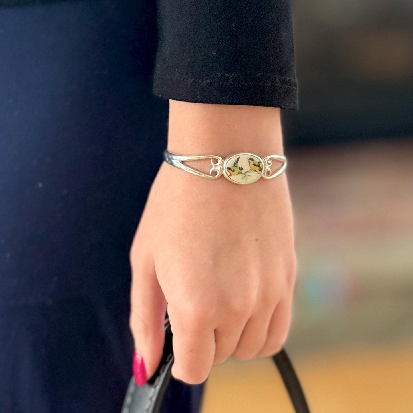 Romantic Anniversary Gift for Wife, Love Birds Broken China Jewelry 20th Anniversary Gift, Dainty Sterling Silver Cuff Bracelet