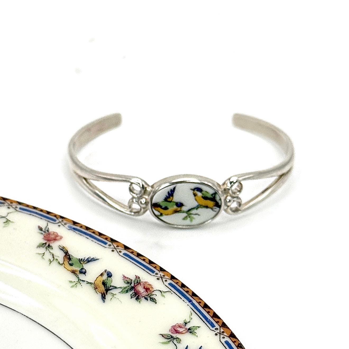 Romantic Anniversary Gift for Wife, Love Birds Broken China Jewelry 20th Anniversary Gift, Dainty Sterling Silver Cuff Bracelet