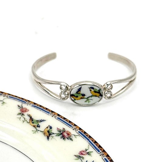 Romantic Anniversary Gift for Wife, Love Birds Broken China Jewelry 20th Anniversary Gift, Dainty Sterling Silver Cuff Bracelet
