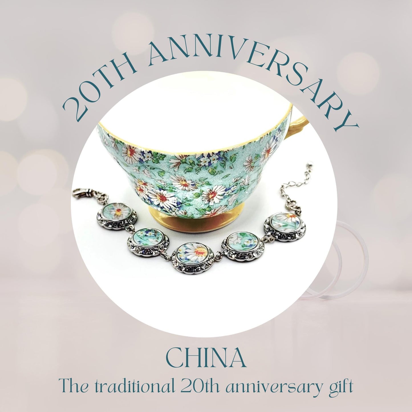 Daisy Charm Bracelet, 20th Anniversary Gift for Wife, Crystal Broken China Jewelry