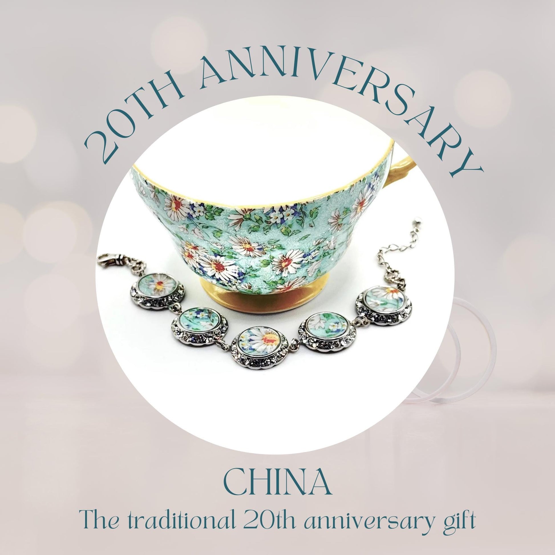 Daisy Charm Bracelet, 20th Anniversary Gift for Wife, Crystal Broken China Jewelry