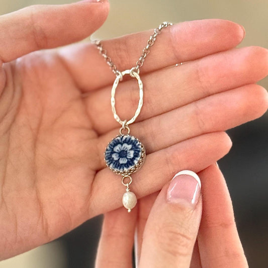 Blue Delft Broken China Jewelry Pendant, 20th Anniversary Gift for Wife, Flower Necklace, Unique Gift