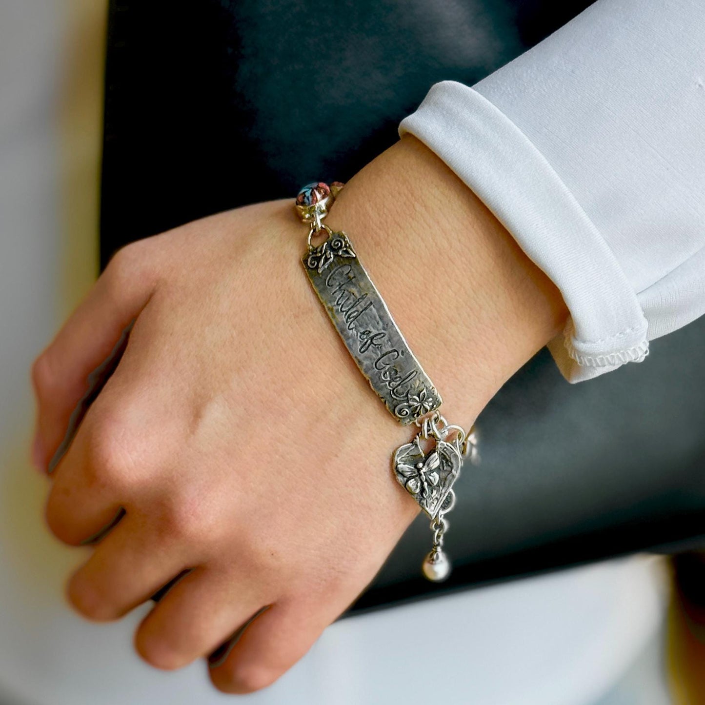 One-of-a-Kind Child of God Sterling Silver Butterfly Charm Bracelet, Copper Turquoise, Religous Gifts for Women