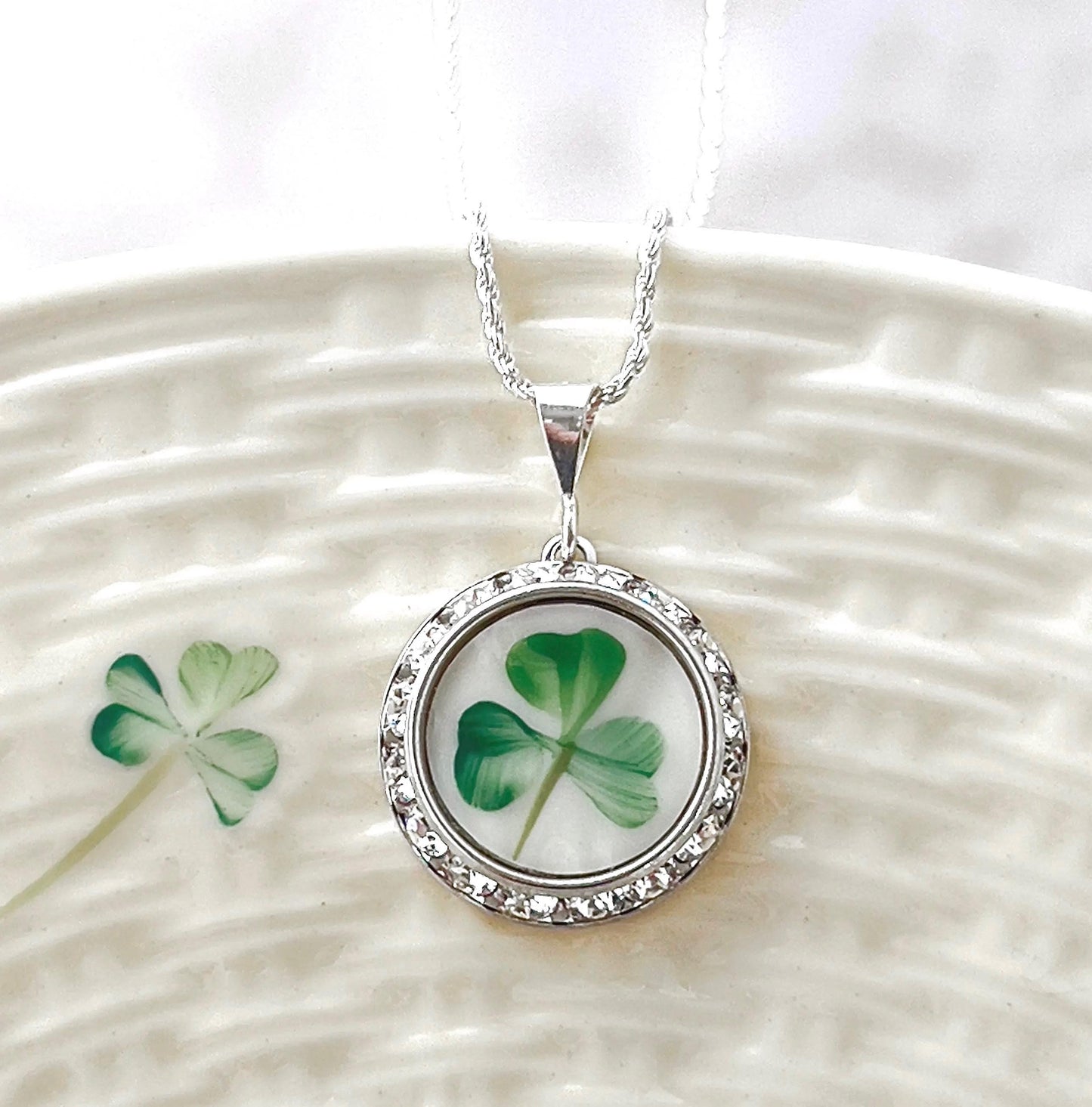 Celtic Shamrock Necklace, Belleek Broken China, Irish Jewelry, Crystal Necklace, Unique Gifts for Women