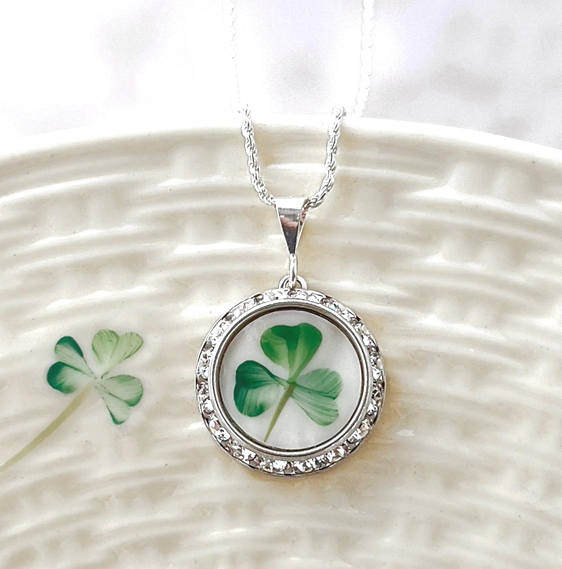 Celtic Shamrock Necklace, Belleek Broken China, Irish Jewelry, Crystal Necklace, Unique Gifts for Women