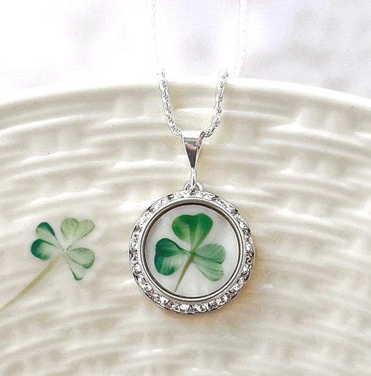 Celtic Shamrock Necklace, Belleek Broken China, Irish Jewelry, Crystal Necklace, Unique Gifts for Women