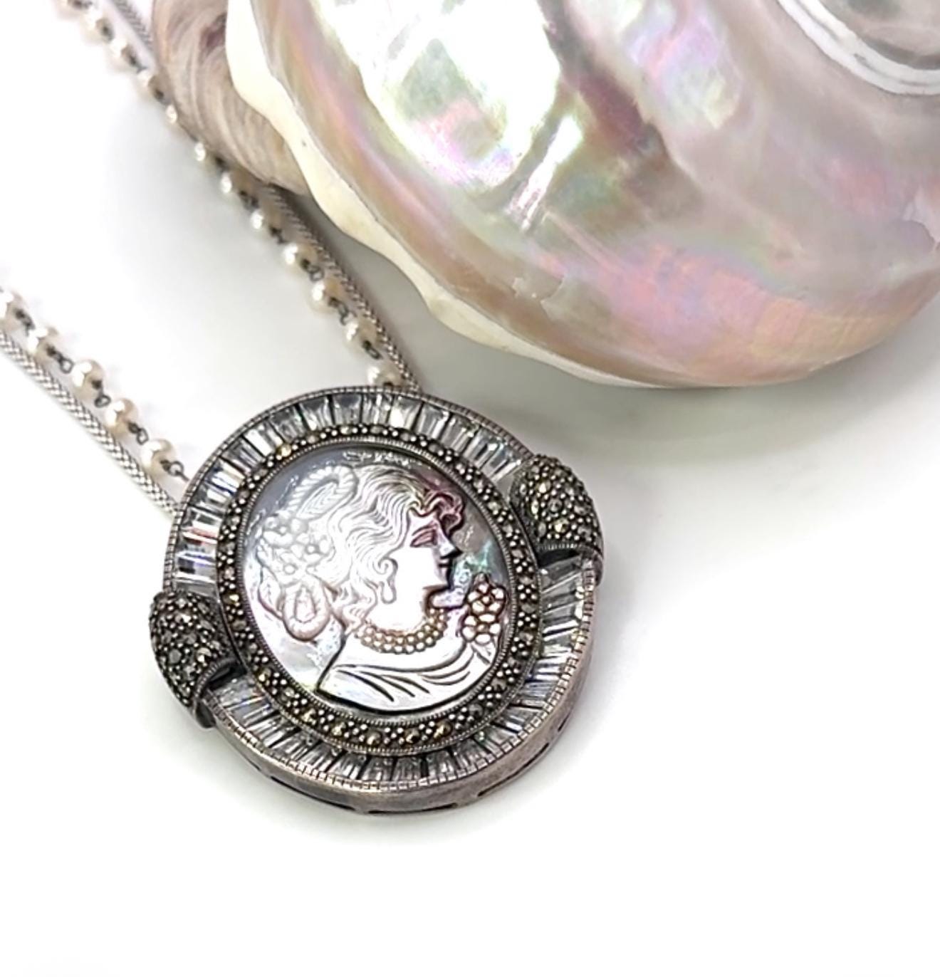 One-of-a-Kind Statement Cameo and Marcasite Necklace, Vintage Mother of Pearl Shell Jewelry Victorian