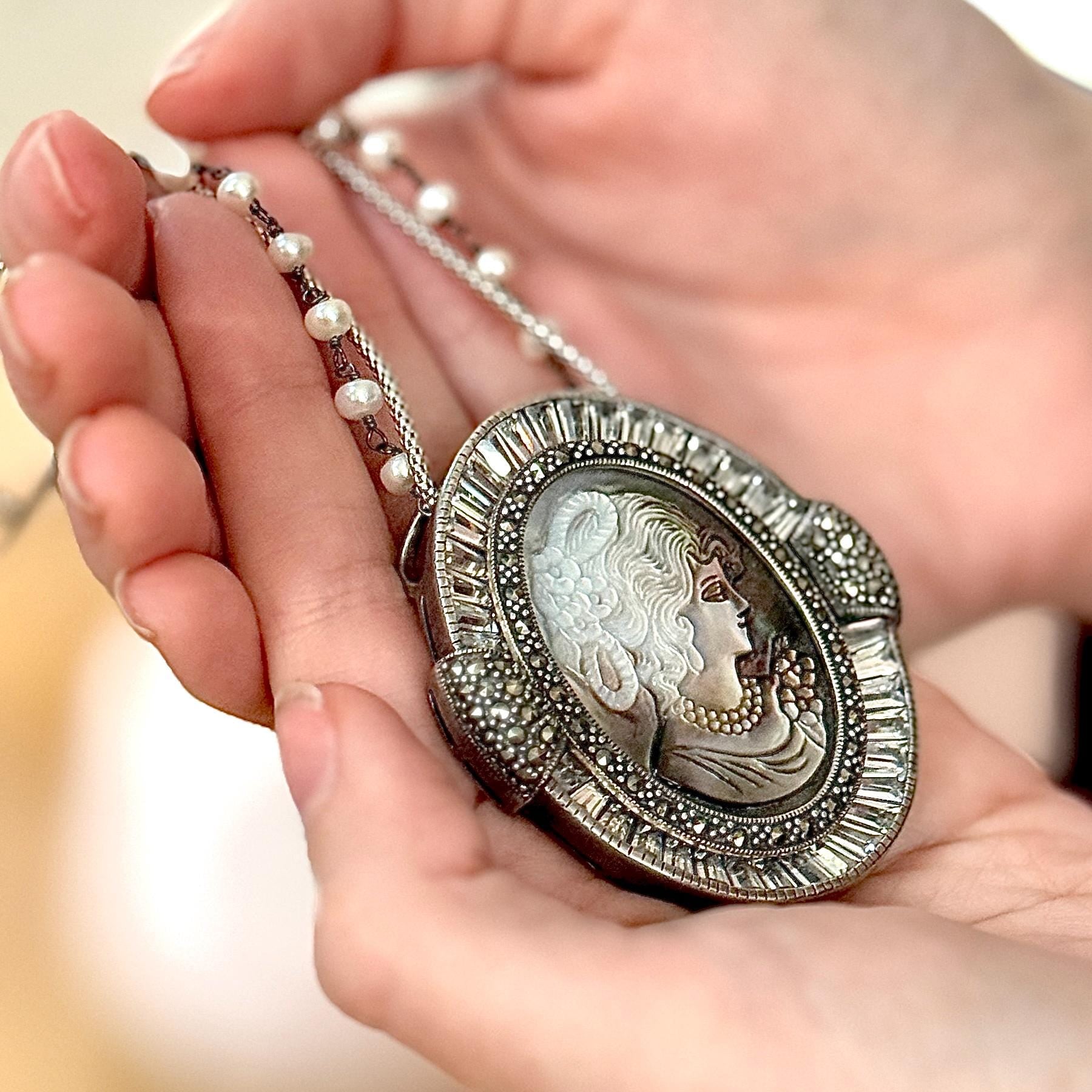 One-of-a-Kind Statement Cameo and Marcasite Necklace, Vintage Mother of Pearl Shell Jewelry Victorian