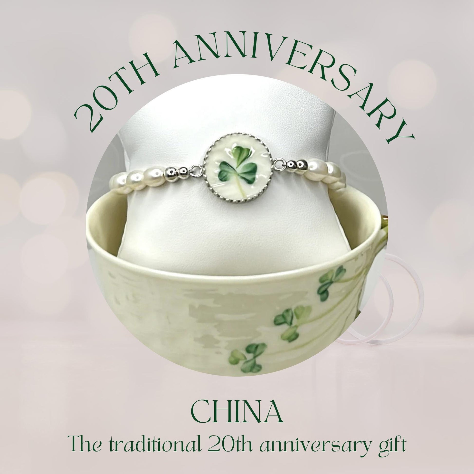 Belleek Irish Shamrock Bracelet, Freshwater Pearl Bracelet, Broken China Jewelry, Unique 20th Anniversary Gift for Wife, Hand Painted Clover
