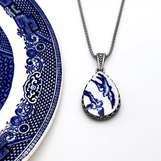 Love Birds Necklace - Traditional 20th Anniversary Gift for Wife, Blue Willow Broken China Jewelry