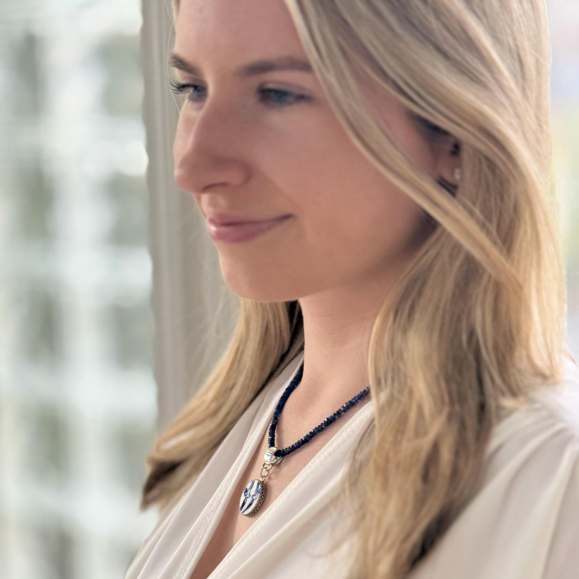 Sapphire 20th Wedding Anniversary Gift for Wife, Love Birds Blue Willow China Necklace, Broken China Jewelry