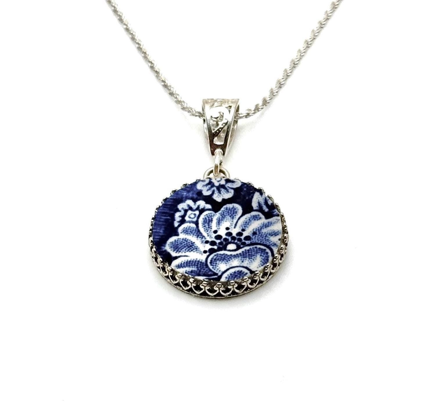 Sterling Silver Liberty Blue China Pendant Necklace, Vintage Repurposed Broken China Jewelry, 20th Anniversary Gift