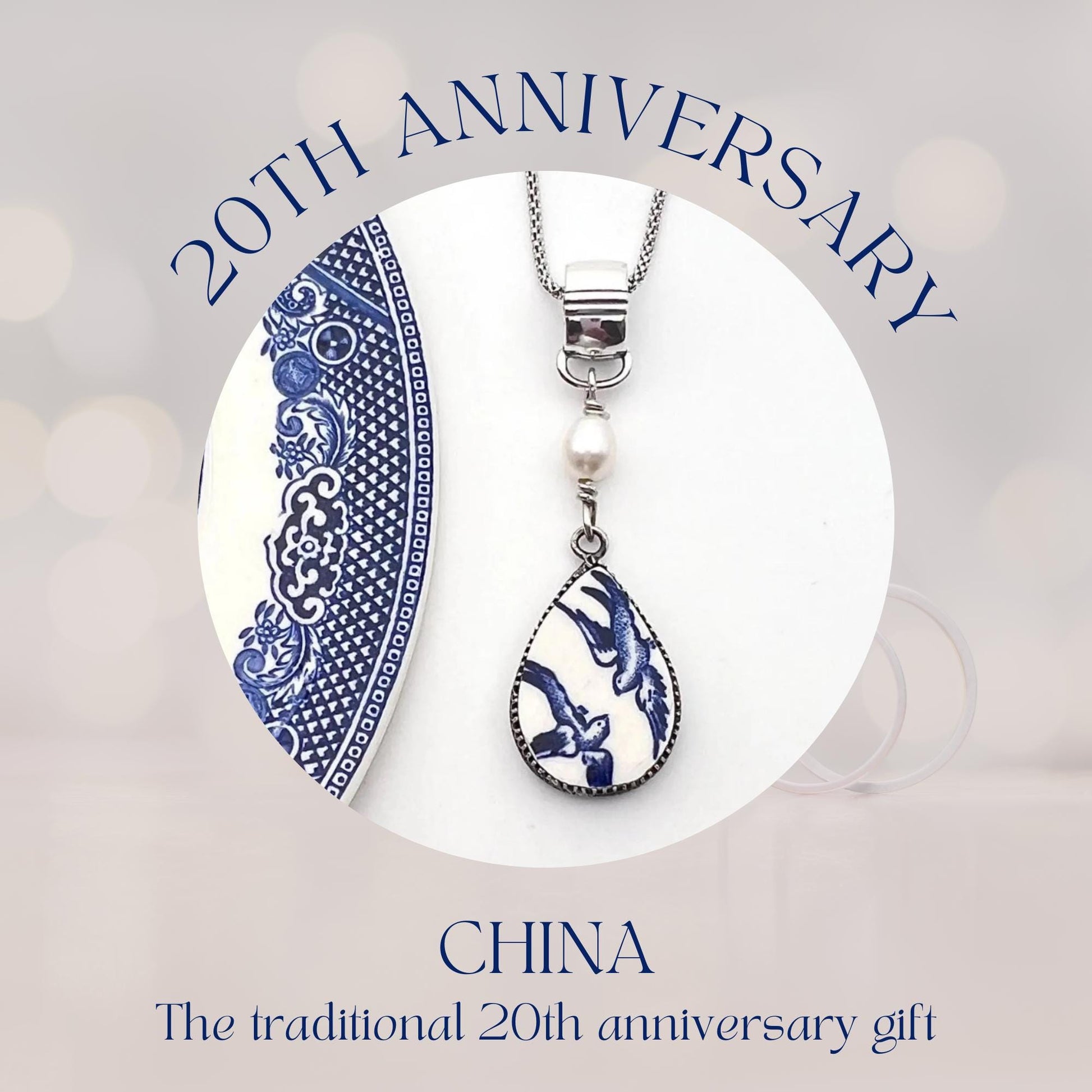 Traditional 20th Anniversary Gift for Wife, Vintage Blue Willow Love Birds, Broken China Jewelry