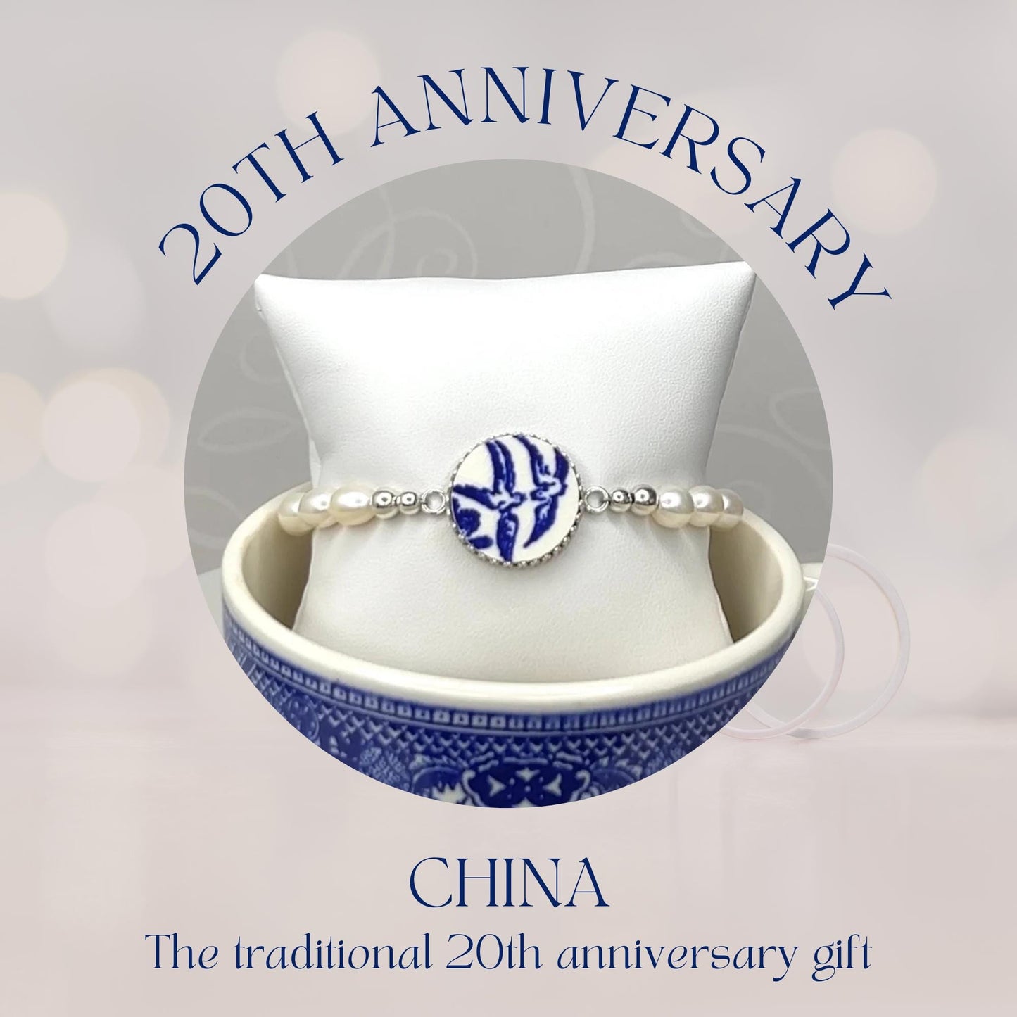 Love Birds Blue Willow Bracelet, Freshwater Pearls, Broken China Jewelry, Romantic 18th or 20th Anniversary for Wife
