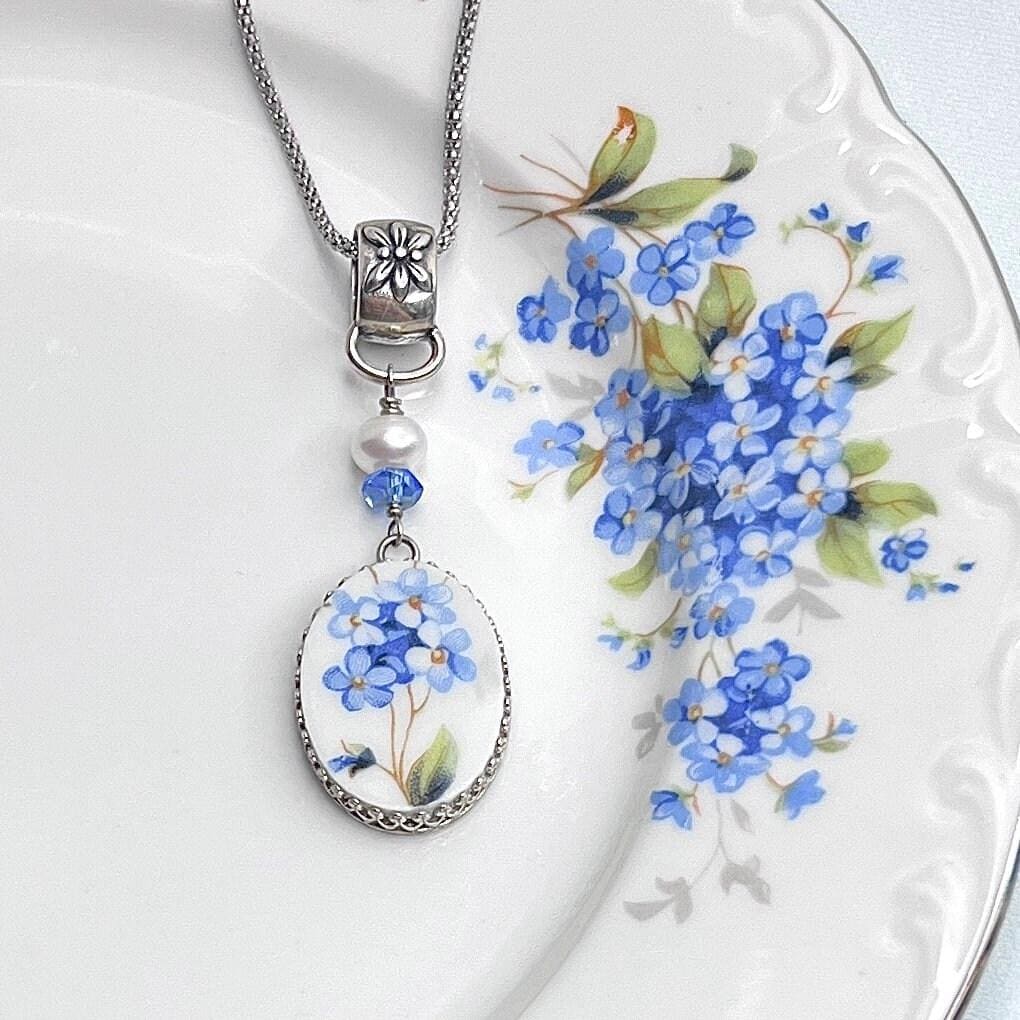 Forget Me Not Sapphire and Pearl Necklace, 20th Anniversary Gifts, Sterling Silver Broken China Jewelry