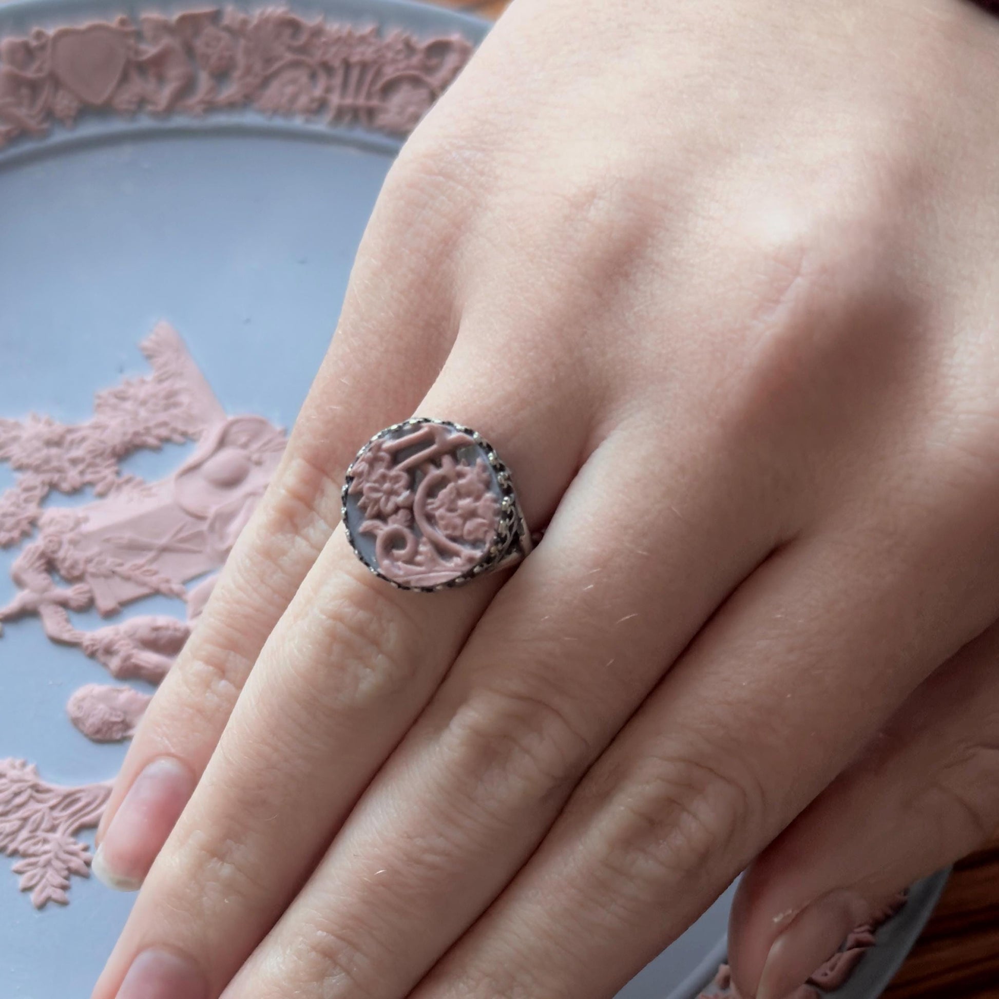 Wedgwood Flower Ring, Blue and Pink Jasperware Broken China Jewelry